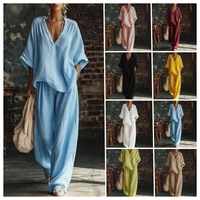 Mode V-hals Korte mouwen Losse top Damespak Zomer Nieuwe Casual Retro Vrouwelijke Vakantie Luie broek 2-delige set