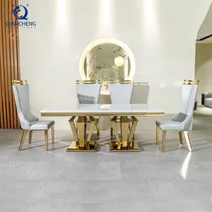 Juego de mesas de comedor de mármol moderno, muebles para el hogar, marco dorado de acero inoxidable