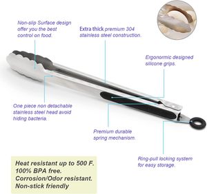 Pince de cuisine en silicone Hongxuan avec logo personnalisé, 100 % qualité alimentaire, sans BPA, 9 pouces, manche en acier inoxydable 430, pour barbecue - Product Image 5