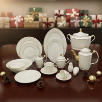 Service de table en porcelaine fine 60-66 pièces avec bord doré, écologique et compatible lave-vaisselle pour 6 personnes