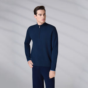 Pull en maille jacquard à manches longues en pur coton chaud personnalisé pour l'hiver, couleur marine, avec fermeture éclair 1/4, pour homme - Product Image 4