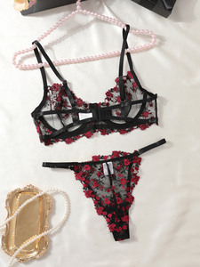 Set Lingerie Wanita Seksi 2-Potong, Bra Transparan Berbahan Mesh dengan Bordir Bunga dan G-string, Ukuran XL, Romantis, Menggoda, Tali Dapat Disesuaikan - Product Image 5