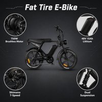 Vélo électrique tout-terrain robuste 750W 48V 15AH avec pneus larges de 20 pouces, haute performance, polyvalent pour adultes, idéal pour la conduite en milieu campagnard