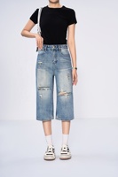 YUANBOFEI Jeans courts droits pour femmes Denim pantalon skinny avec planche à laver détruire les trous irréguliers de lavage à l'avant et à l'arrière Style Y2K
