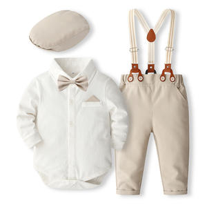 Ensemble de tenue formelle pour bébé garçon, body en pur coton <span class=keywords><strong>blanc</strong></span>, bretelles bleu marine, nœud papillon et béret pour baptême, tenue de fête, nouveau-né à 24 mois - Product Image 3