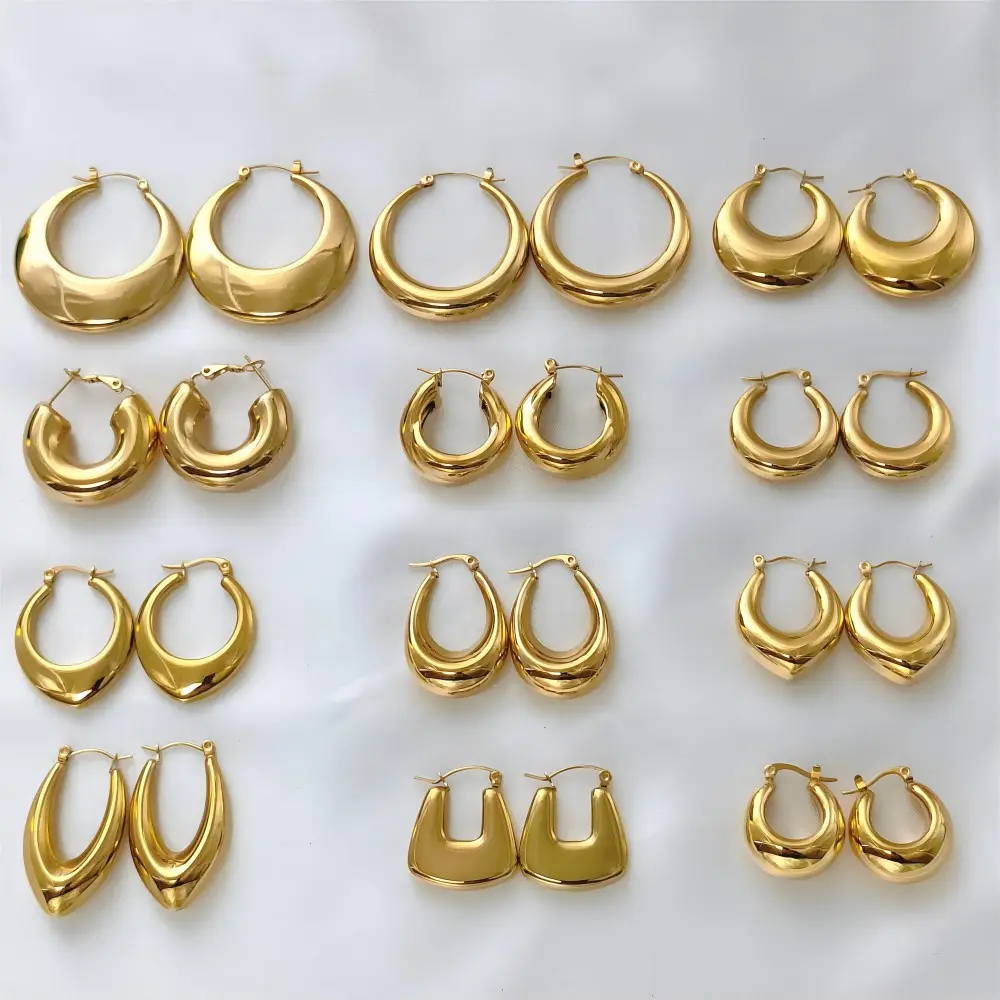 Hypoallergenic Chunky Thick Loop Big Stainless Steel 18k Gold Plated Hoop Earring Set For Women Tarnish Waterproof Jewelry Arete