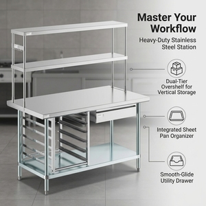 Table de travail commerciale en acier inoxydable avec étagère inférieure, étagère supérieure, tiroir, porte-plats, porte-bacs pour cuisine, restaurant, hôtel, traiteur - Product Image 2