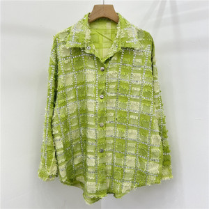 Camisa a cuadros para mujer, resistente, con adornos de diamantes de imitación y dobladillo deshilachado, a la moda - Product Image 4