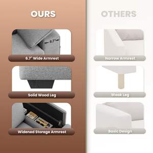 Canapé deux places en mousse Cloud, 3 places, rembourré, style Mid-century Modern, avec accoudoirs avec rangement USB pour salon - Product Image 6