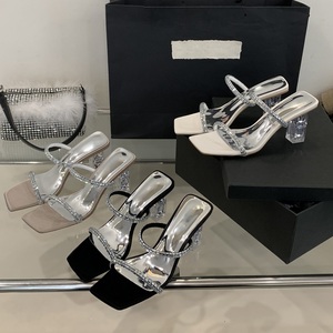 Sandales d'été tendance pour femme XSD, à talon haut argenté, bout ouvert, talon carré, pantoufles en cristal respirantes - Product Image 5