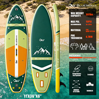 Vente Flash : Planche de SUP gonflable extra large 11' x 36" en Drop Stitch, motif montagne vert forêt, kit de planche à pagaie avec rayures vertes lime, polyvalente