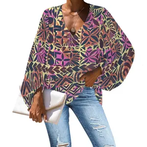 tapa升华印花顶级热带花卉彭定康波利尼西亚部落设计女式上衣长袖舒适衬衫