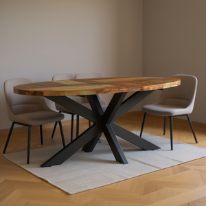 Reclaimed Wood Oval Dining <b>Table</b> With Metal <b>Legs</b> Eco-Friendly Modern Rustic Design For Home Furniture - Product Image 2