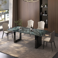 Table à manger rectangulaire de luxe en marbre vert naturel moderne, structure en bois massif, base en acier inoxydable noir, mobilier pour la maison