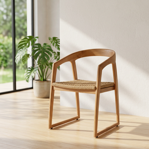 Chaise de salle à manger d'extérieur de style mid-century en teck et rotin synthétique tressé pour hôtel - Product Image 1