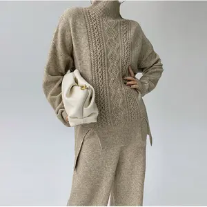 Set pakaian rajut longgar kasual, satu ukuran musim gugur/musim dingin, set dua potong sweater celana kaki lebar leher tinggi