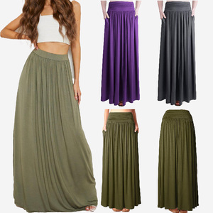 Của phụ nữ gấp trên eo cao shirring maxi váy cộng với kích thước Jersey GYPSY Hippie Dài váy với túi - Product Image 3