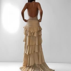 Vestido sexy de <span class=keywords><strong>dos</strong></span> <span class=keywords><strong>piezas</strong></span> con cuello halter, espalda descubierta, volantes asimétricos y cola, ideal para fiestas, bodas o eventos de noche. - Product Image 3