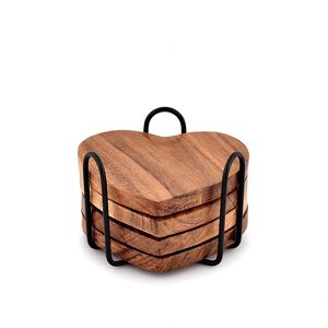 Acacia Wooden Coaster Set of 4 Pieces with Holder Reusable Heart Shape <b>Table</b> Mats Pads Coffee Tea Drinks Cup Pad <b>Placemats</b> - Product Image 1