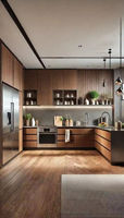 Meubles de cuisine modernes en forme de U Vermonhouzz, grain de bois clair avec plan de travail noir, ensemble de meubles modulaires sur mesure pour appartement