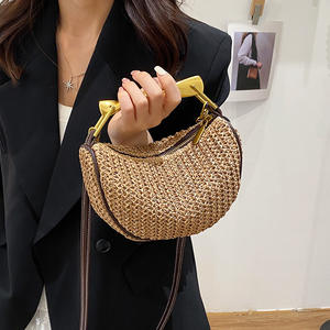 Bolsos de paja de verano Bolsos de mano con asa superior de metal Bolsos de hombro para mujer 2 correas Bolsos de hombro con cadena - Product Image 4