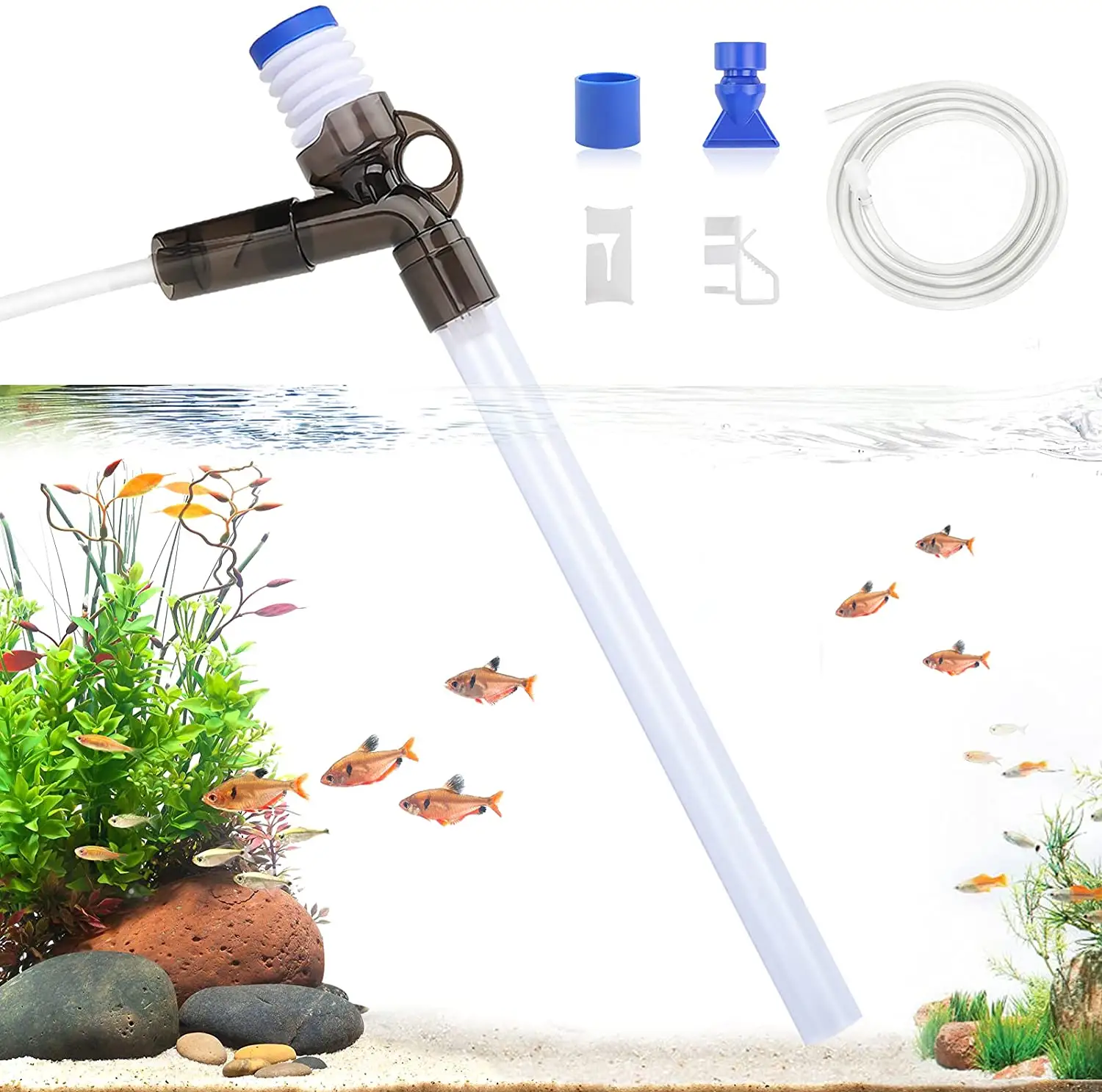Limpiador de grava para acuario, Kit de aspiradora para tanque de peces, herramienta con 2 tubos extensibles, raspador de vidrio, abrazadera controladora de flujo de agua