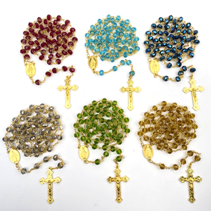 Chapelet en cristal personnalisé avec crucifix plaqué or 18 carats et médaille miraculeuse, chapelet catholique pour bijoux religieux - Product Image 1