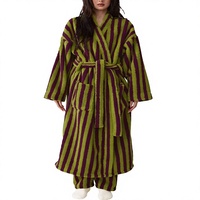 Peignoir long en polaire thermique pour femme, rayé, en peluche, chaud, épais, moelleux, surdimensionné, col en V, vêtement de détente