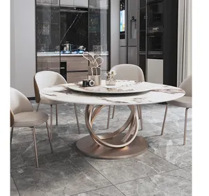 Round marble dining table light luxury modern minimalist dining table and chairs turntable high-grade bright surface