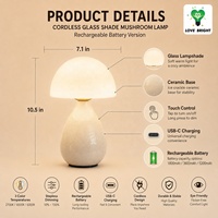 Lampe de table en verre rechargeable en forme de champignon, base en céramique, USB-C, 3 températures de couleur, tactile, à intensité variable, sans fil, pour la maison et l'hôtel
