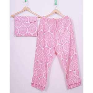 Pink Floral Woven Cotton Women Elastic Waist Hand Block Printed Breathable Casual Lightweight PJ Set Night <b>Suit</b> Autumn Dress - Product Image 2