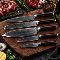 Ensemble de 5 couteaux de cuisine en acier inoxydable 3Cr13 à motif Damas avec manche en bois Pakka, couteau de chef, couteau à pain