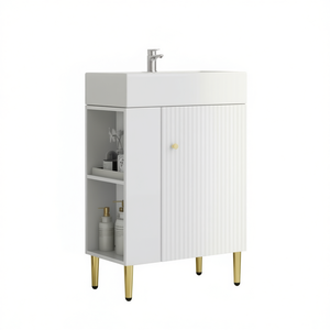 Meuble-lavabo blanc pour salle de bain, 21,6 pouces, avec lavabo simple en céramique, rangement latéral gauche, design moderne sur pied - Product Image 1