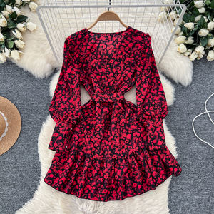 Otoño estilo <span class=keywords><strong>americano</strong></span> cuello en V túnica Casual Midi vestido para mujer manga farol <span class=keywords><strong>imperio</strong></span> impreso vestido de encaje con volantes - Product Image 4