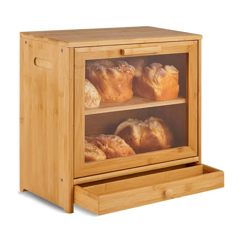 Küchen-Bambus-Brotbox, 2 verstellbare Schicht Holzbrot behälter mit Acrylglas fenster und Aufbewahrung schublade