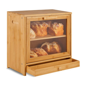 Kitchen Bamboo Bread Box, 2 Adjustable Layer Wooden Bread Bin with Acrylic Glass Window and Storage Drawer