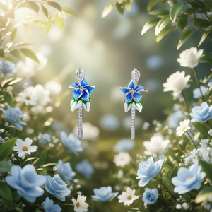 Orecchini in Argento con Diamanti per Donna, Design Romantico a Fiore Blu, Argento Sterling 925, Diamanti Naturali Taglio Brillante Rotondo, per Uso Quotidiano - Product Image 2