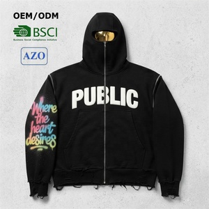 Sweat à capuche zippé pour homme en coton épais, coupe oversize, style streetwear, avec impression graffiti et effet vieilli, personnalisable OEM - Product Image 1