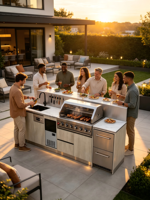 Station de cuisson commerciale moderne pour hôtel et restaurant, cuisine extérieure, barbecue à gaz encastré, machine à glaçons sans fumée, réfrigérateur, évier