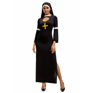 زي راهبة من العصور الوسطى للنساء، بدلة سوداء مع قبعة وقلادة لأداء الهالوين - Product Image 5