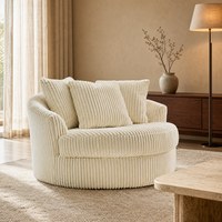 Fauteuil Cylindrique Crème Côtelé avec Coussins, Texture Large Côte, Base Ronde, pour Salon, Vente en Gros, Fournisseur d'Usine