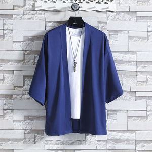 Chemises <span class=keywords><strong>Kimono</strong></span> Japonaises pour Hommes, Cardigan Léger et Décontracté à Points Ouverts, Yukata Tendance Noir, Manches 3/4, Vêtement d'Extérieur pour les Vacances d'Été - Product Image 3