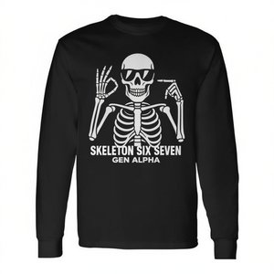 Camiseta de Manga Larga Unisex con Cuello Redondo, Diseño de Meme de Halloween Skeleton Six Seven Gen Alpha, para Actividades Promocionales, Serigrafiada - Product Image 3