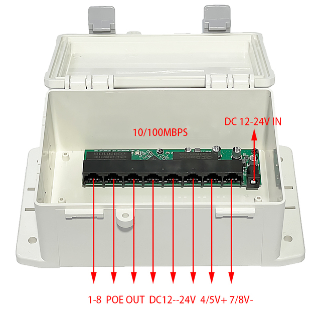 8-port 100Mbps Reverse POE Switch Outdoor Rainproof Reverse PoE Switch Eight 100Mbps Adaptive RJ45 Ports