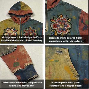 โรงงาน OEM/ODM รับผลิตเสื้อผ้าสตรีทแวร์แบบกำหนดเอง ผ้าฝ้าย 400gsm ทรงบ็อกซี่ ปักลายด้วยมือแบบแบน ล้างสีแบบแอซิดวอช  เสื้อฮู้ดซิปผู้ชายแบบดิสเทรส - Product Image 2