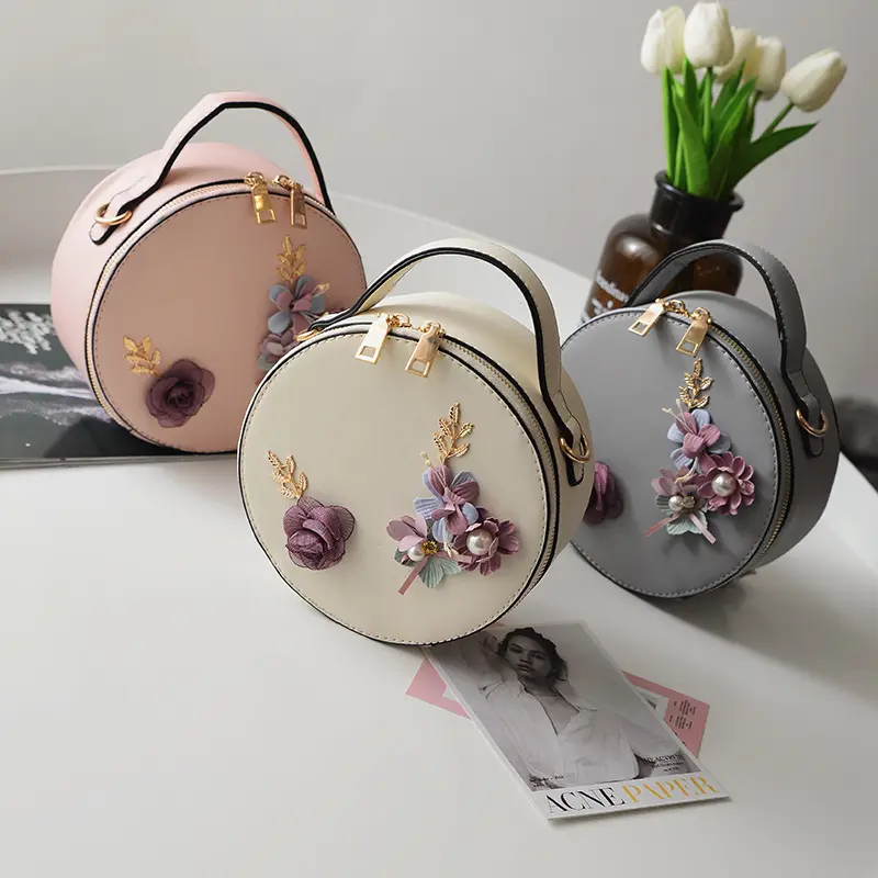 Kawaii Oem Bolsa Impresa çiçek tasarım tüvit yuvarlak deri çanta bayanlar için