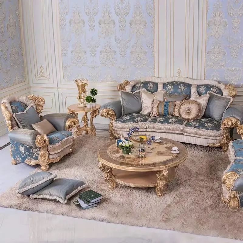 Royal Villa europeo di lusso in legno massello soggiorno intagliato a mano lamina d'oro finito divano in tessuto francese Vintage divano Set