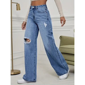 Jeans pour femmes à taille haute, coupe droite ample, déchirés, streetwear, denim bleu clair tendance - Product Image 2