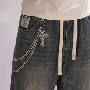 Dark <b>Pentagram</b> Cross Pendant Double Chain Metal Pants Chain Retro Gothic Style Hip Hop Punk Casual Waist Chain Tibetan Silver - Product Image 2