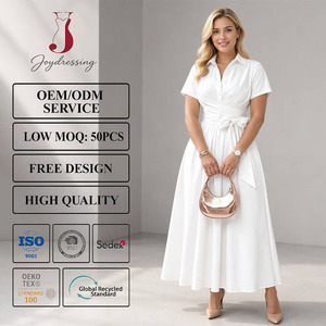 Joydressing Elegante Abito Camicia <span class=keywords><strong>Bianco</strong></span> a Maniche Corte con Colletto Rovesciato e Cintura Annodata, <span class=keywords><strong>Vestito</strong></span> <span class=keywords><strong>Midi</strong></span> Casual da Donna - Product Image 1